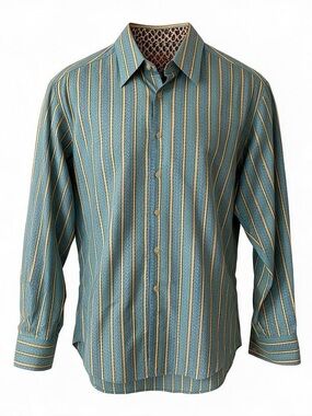 Robert Graham Button Down Collared Shirt 100% Cotton Blue and Yellow Striped M